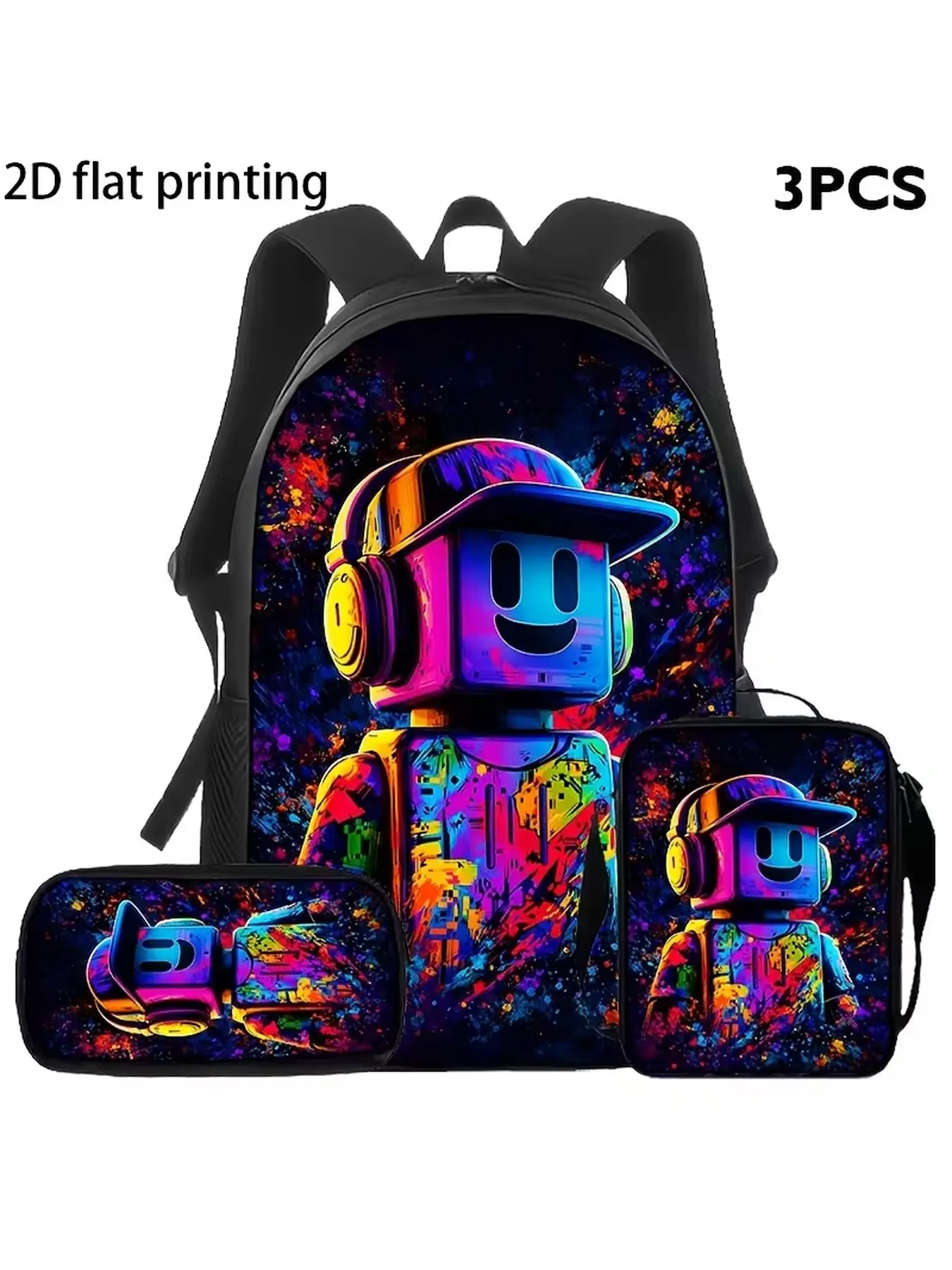 3pcs Neon Graffiti Robot Print Backpack Set Large Capacity Backpack + Pencil Case + Lunch Bag, Cool Tech Style Bookbag for Students Daily Commute