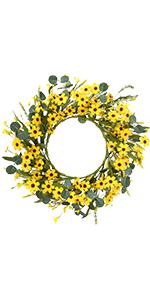 J'FLORU Spring Wreaths for Front Door 22 Inch Artificial Summer Wreath Daisy and Lavender Wreath with Wildflowers for Home Wall Farmhouse Springtime Easter Holiday Party