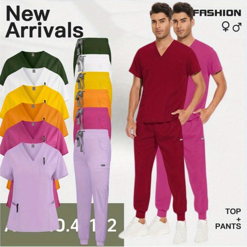 Be The Best Dressed At Work: New Women's & Men's Short Sleeved Nursing Uniform Brush Suit Set - Double Layered V-neck Top with Multi Pockets & Straight Leg Pants for Hospitals