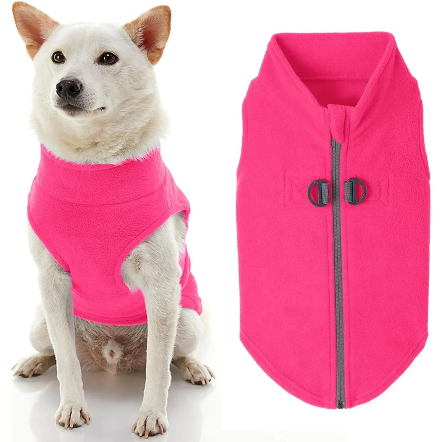 Zip Up Fleece Dog Sweater - Pink, Large - Warm Pullover Fleece Step-in Dog Jacket with Dual D Ring Leash - Winter Small Dog Sweater - Dog Clothes for Small Dogs Boy and Medium Dogs