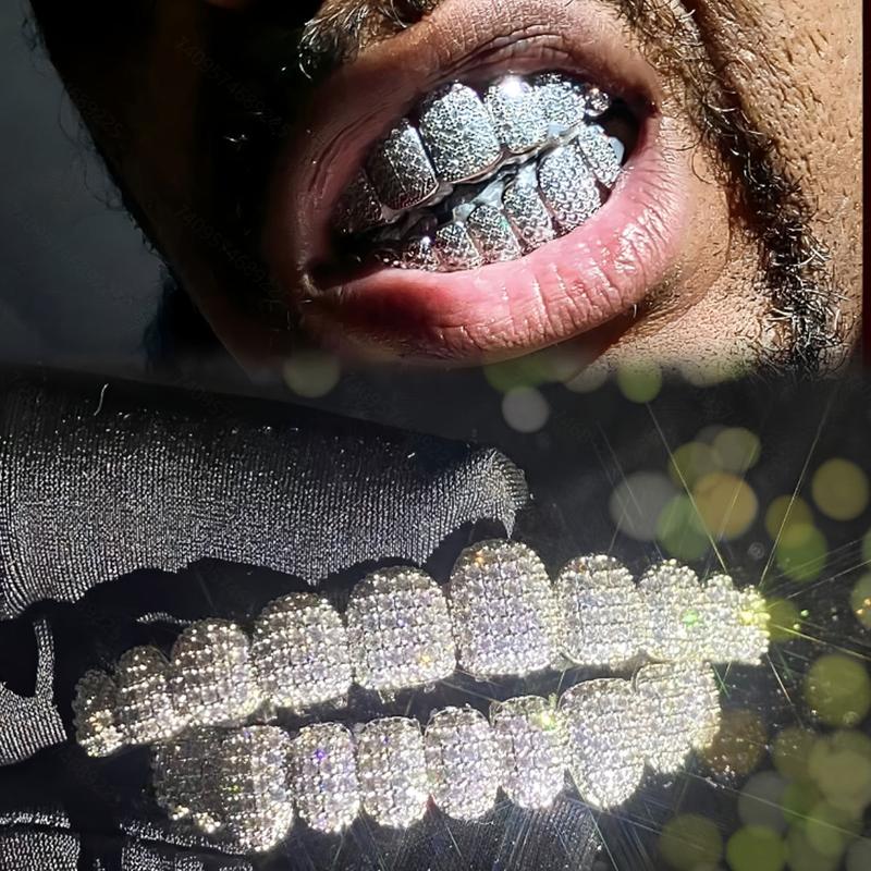 Iced Out Hip Hop Grillz - 18K Gold Plated 10-Tooth Full Set, Luxury Dental Jewelry for Rappers and Party Vibe Oral Retainer Brace