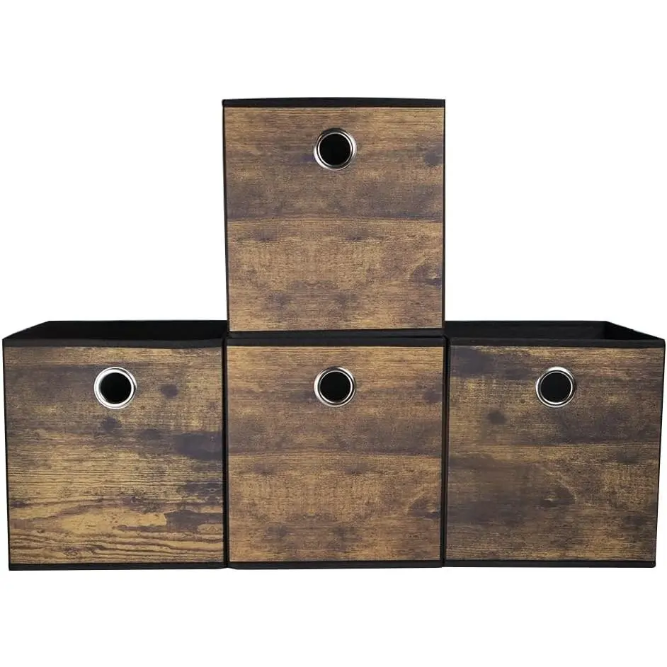 4 Pack Durable Storage Cube Bins with Wood Grain, Thickened Fabric Storage Baskets for Open Shelf, Bookcase, Closet, Storeroom, Bedroom, Living Room, Nursery, Office, Dorm, 10.2 x 10.2 x 11 in (Small)Gift