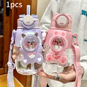 Adorable Cartoon Plastic Water Cup, Portable Travel Bottle with Strap, Durable Straw Cup, 22.32oz, Includes Cleaning Brushes