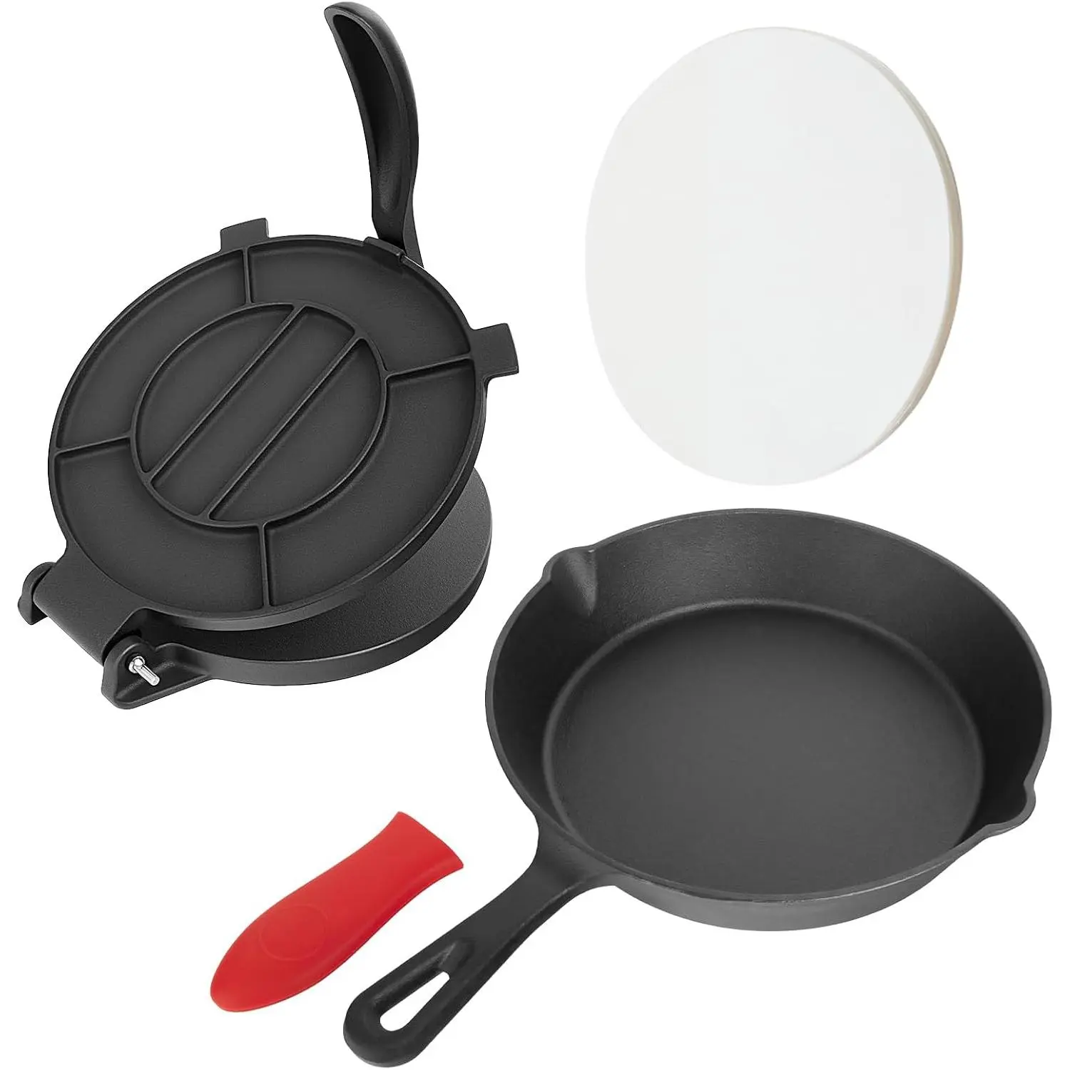 10 Inch Cast Iron Tortilla Press & Comal Pan Bundle, Include 100 count  Paper,Commercial-Grade Cast Iron Tortilla Maker, Roti Press, Non-Stick, Heat-Resistant, Black