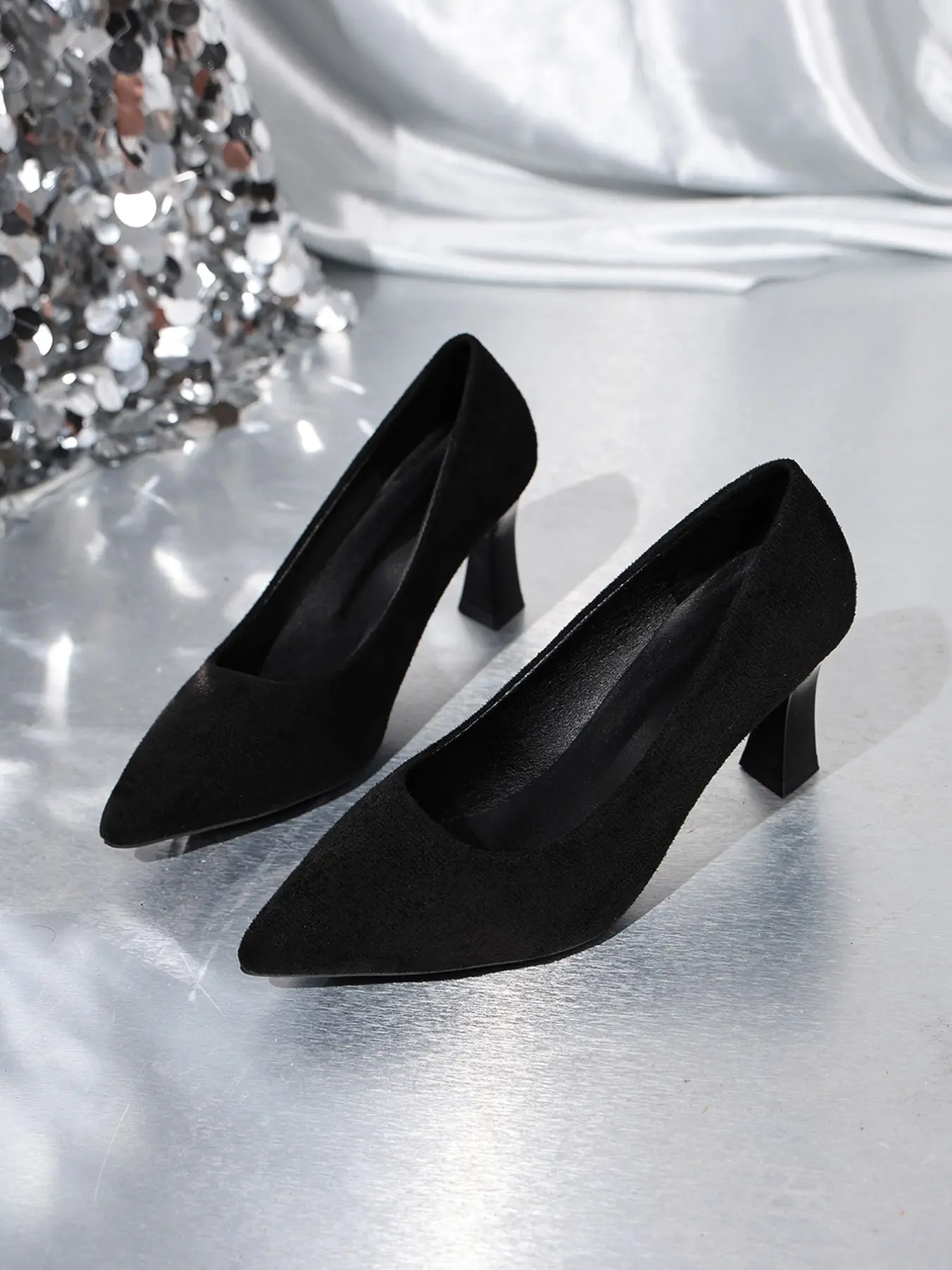 Women Suede Pointed Toe Slip On Flared Block Heel Pumps, Soft Cushioned Anti-Slip High Heels, Office Wedding Party Formal Footwear, 1 Color Black