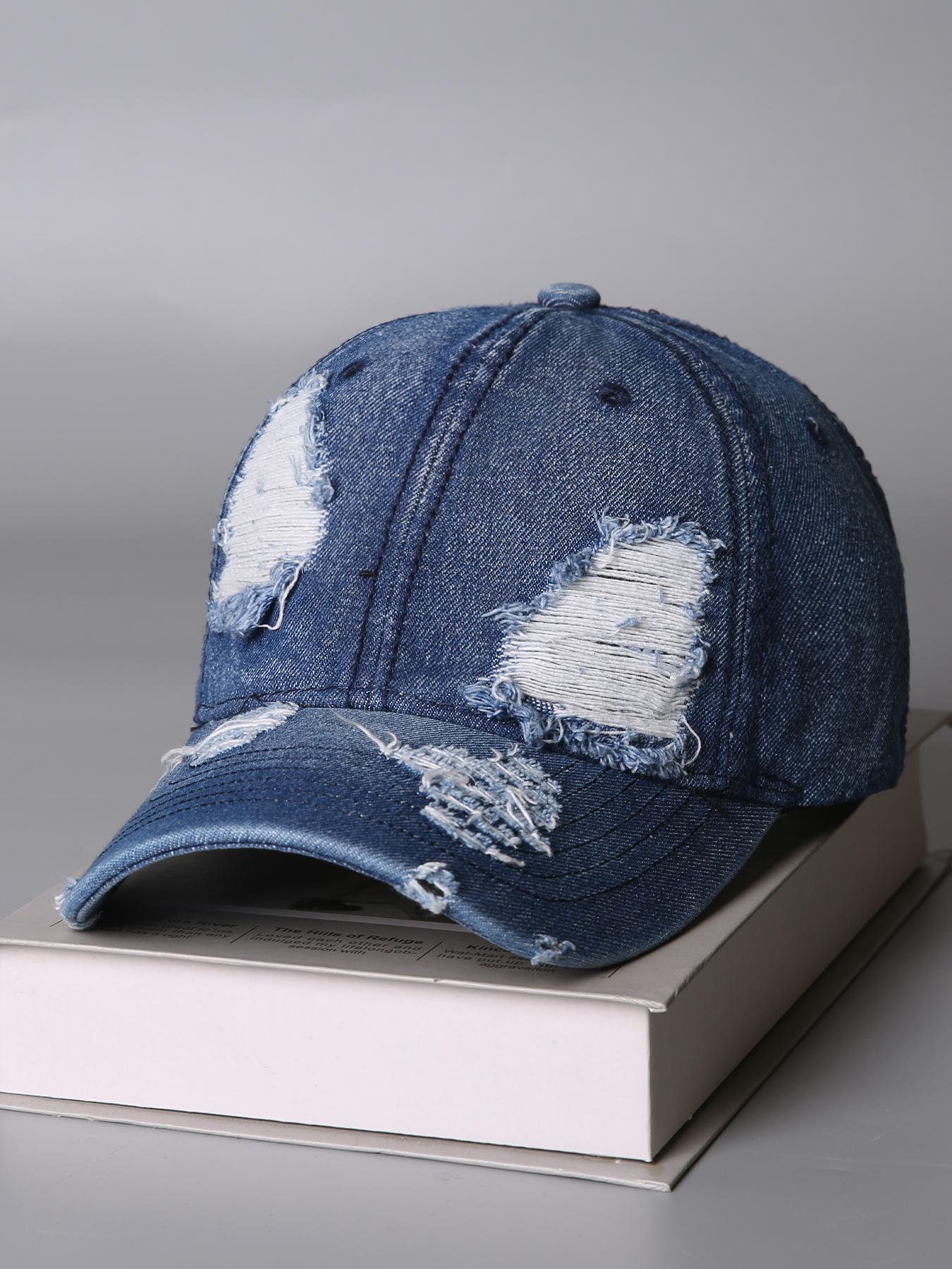 Unisex Vintage Washed Distressed Denim Baseball Cap Fashion Hole Design One Size Fits All Trendy Casual Headwear for Men and Women