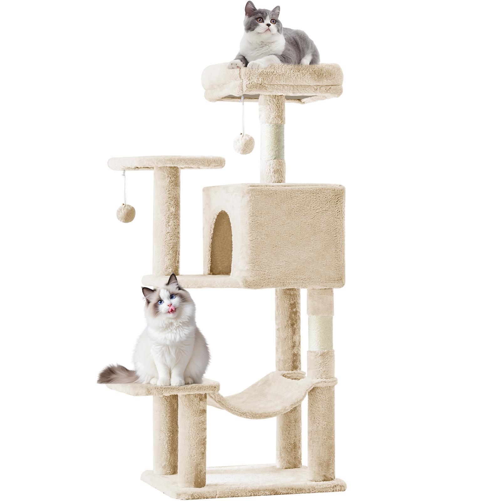 Glam 44" Multi-Level Cat Tree Tower with Sisal Scratch Posts, Extended Platforms & Hammock for 2-3 Cats, Sturdy Base, Vertical Scratcher, Supports up to 44 lbs, Indoor Cat Condo & Play Area