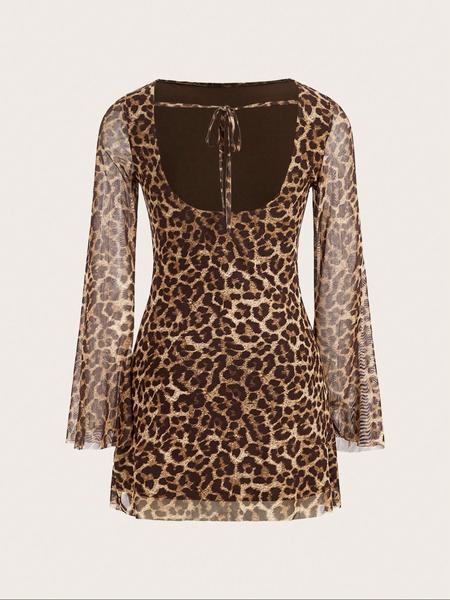Women's Elegant Leopard Print Mesh Dress, Slim-Fit Backless Bodycon, Sleeveless Summer, All Season Wearable, Womenswear Women's Elegant Leopard Print Mesh Dress, Slim-Fit Backless Bodycon, Sleeveless Summer, All Season Wearable, Womenswear