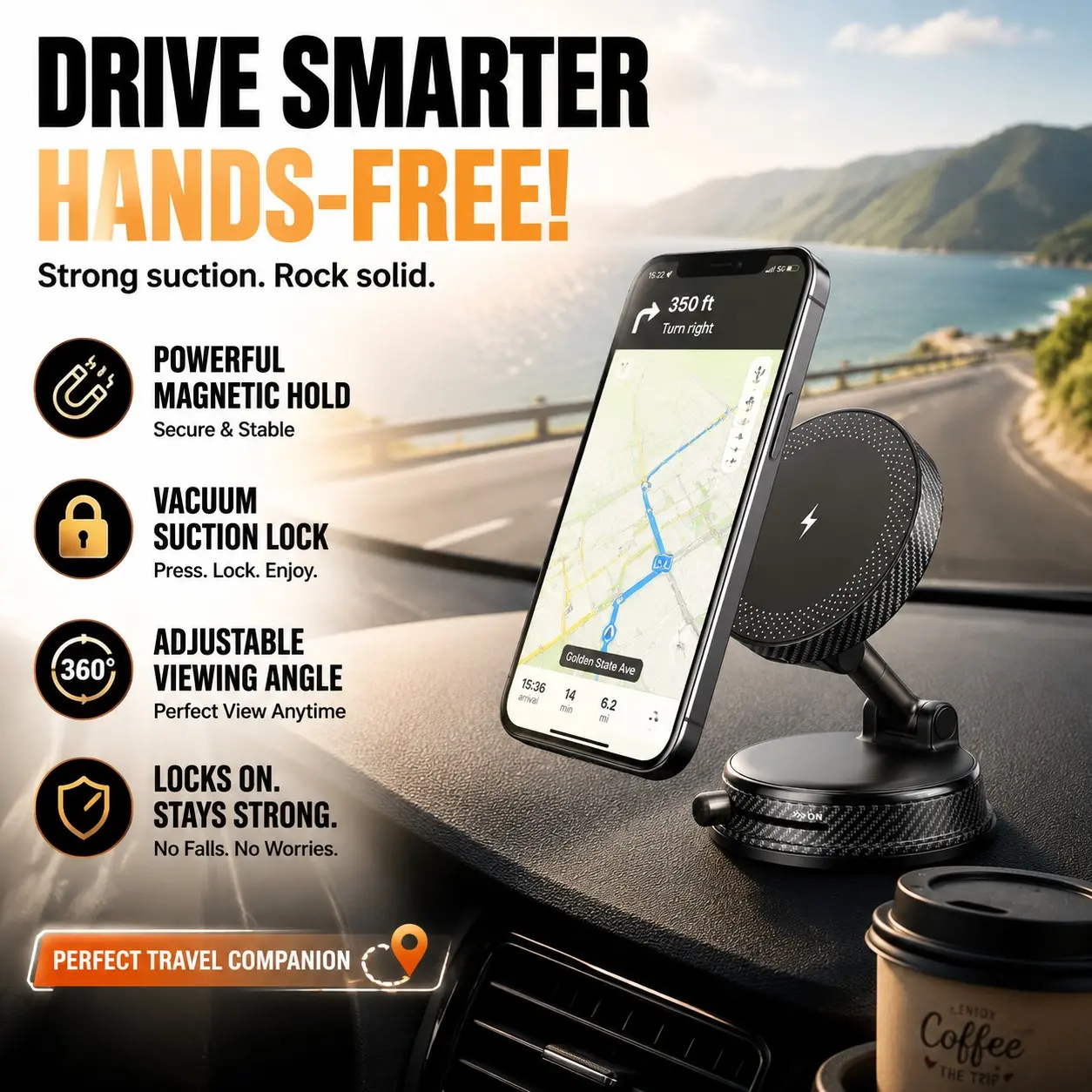 Multi-Functional Rotating Vacuum Suction Car Mount, Wireless Charging Holder for GPS Navigation, Magnetic Vehicle Dashboard Stand