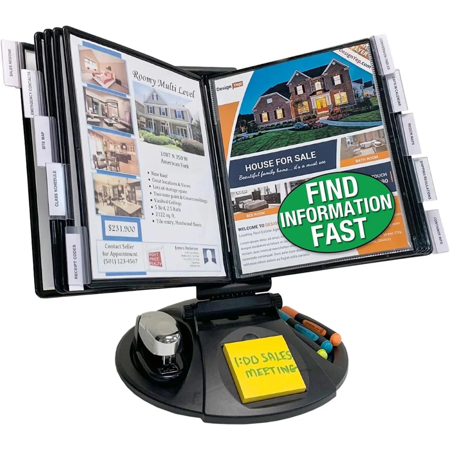 AdjustaView 10-Pocket Desk Reference Organizer with Supplies Storage Base and EZ-Load Pockets to Hold 20 Sheets of Paper, Includes Fast Find Indexing Tabs, Black Pockets