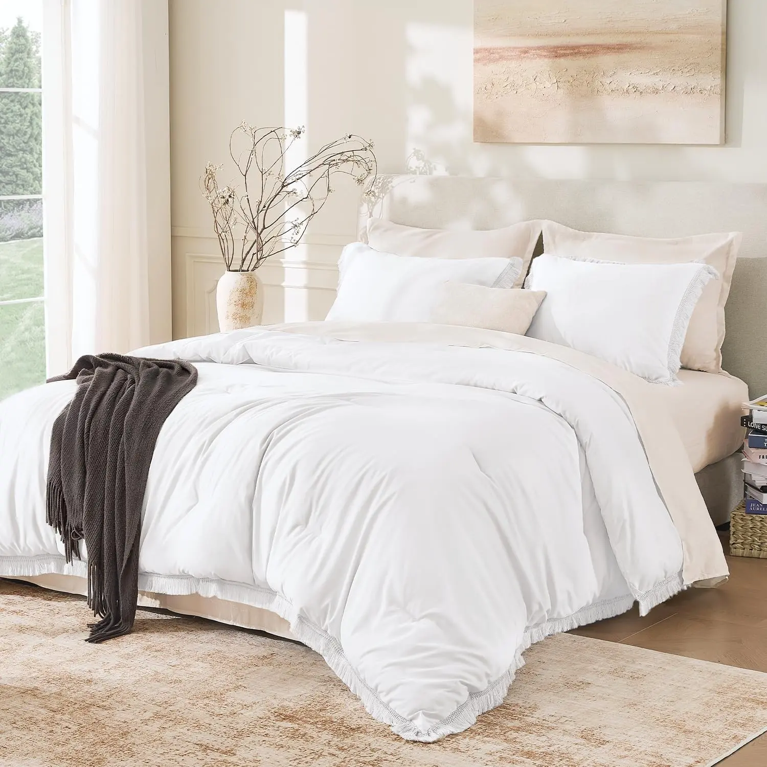White Comforter Set Full, 3 Pieces Boho Lightweight Bedding Comforters & Sets, All Season Soft Fluffy Tassel Bed Set (79x90In Comforter & 2 Pillowcases)