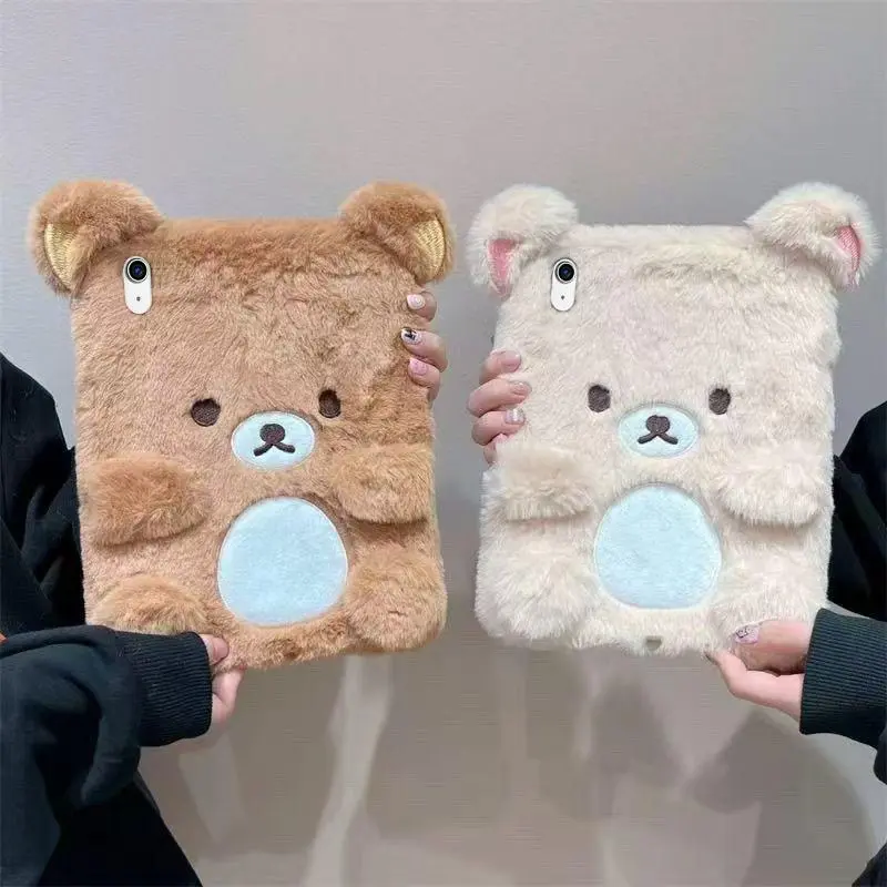 Cartoon Rilakkuma Plush Child Tablet Cover, Protective Accessories with Drop Protection for iPad 7th/8th/9th/10th Gen, Air 2/3/4/5/6, Mini 6, A16 Pro 11/12.9/13in, 10.9in Models