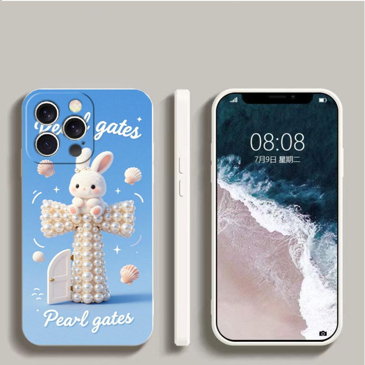 Phone case: Pearl Door religious Christian theme phone case, decorated with a cute rabbit on a pearl cross, featuring shells and glitter, suitable for iPhone 17/17pro/16/X/XS/XR/11/12/13/14/15/16Plus/17ProMax, printed imitation liquid phone case