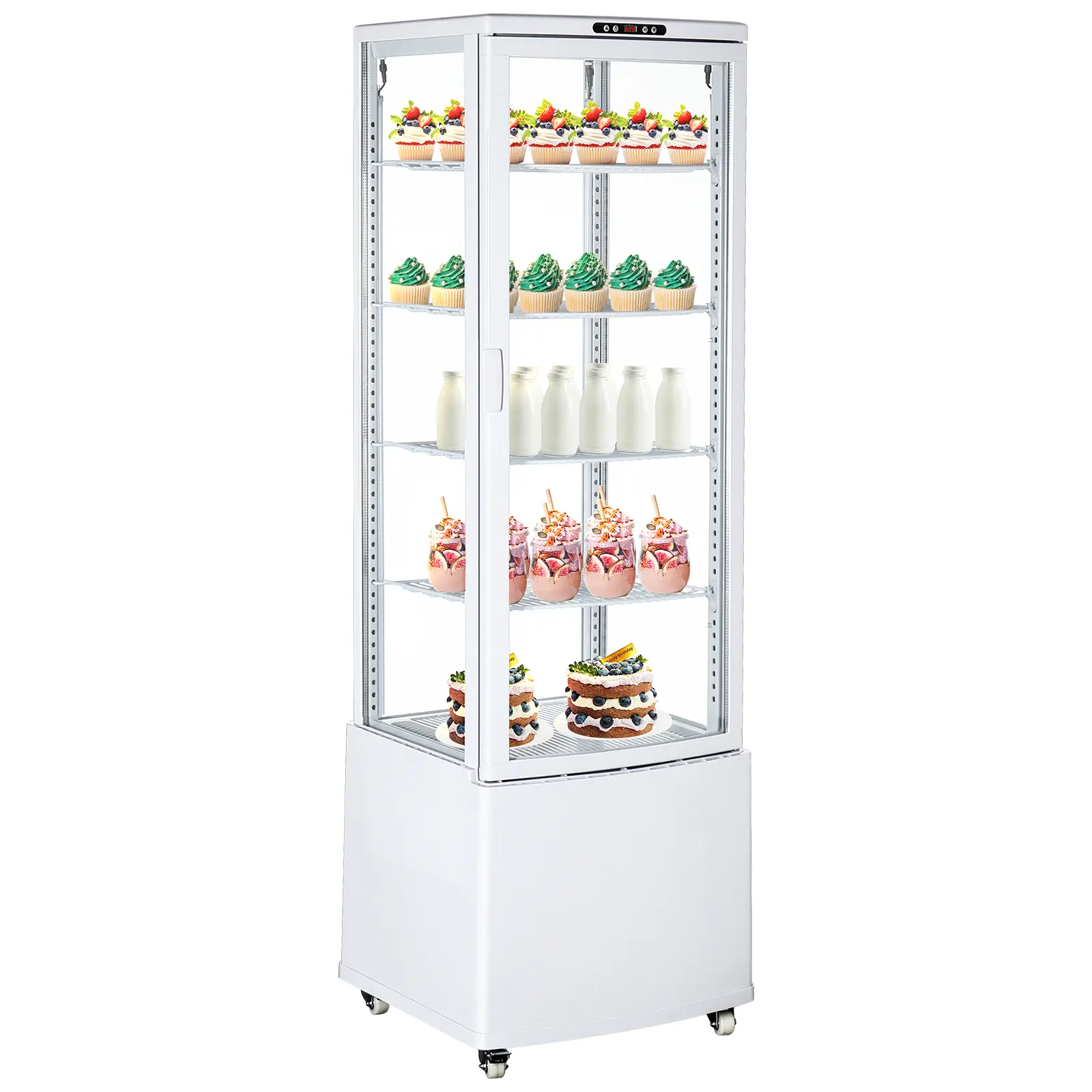 Bakery Display Refrigerator 7.6 Cu.Ft/215L – Double-Layer Glass, LED Lighting, Auto Defrost, Sliding Rear Door, 4 Layers, 1 Door, Wheels – US 380W 110V, 32-53.6°F, White