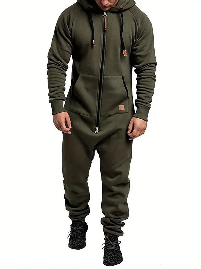 Men's hooded fleece lined jumpsuit, long sleeved full zip jumpsuit with kangaroo bag Army Green Overalls