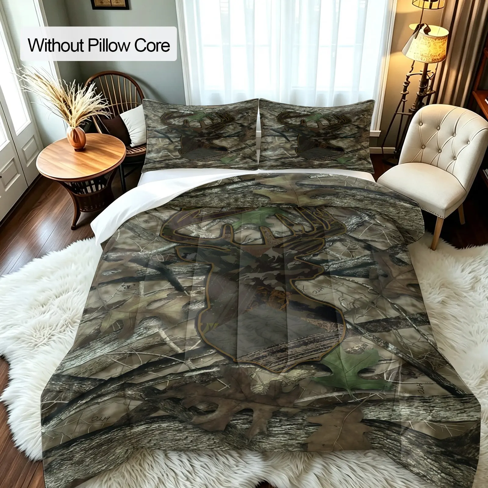 Forest Camouflage Deer Single-Sided Printed Pattern Quilted Comforter, 1 Blanket With 2 Pillowcases (Excluding Pillow Core), Camouflage Blanket Set, Suitable For Teenagers And Adults As Gifts And Decorations