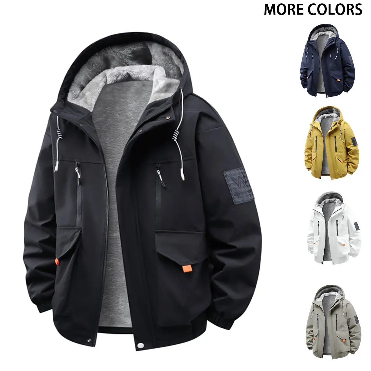 Men's Winter Mustard Yellow Fleece-Lined Hooded Utility Coat - Windproof, Dual-Drawstring Hood, Multi-Secure Storage Pockets, Wrinkle-Free Warm Layering Outerwear for Cold Days