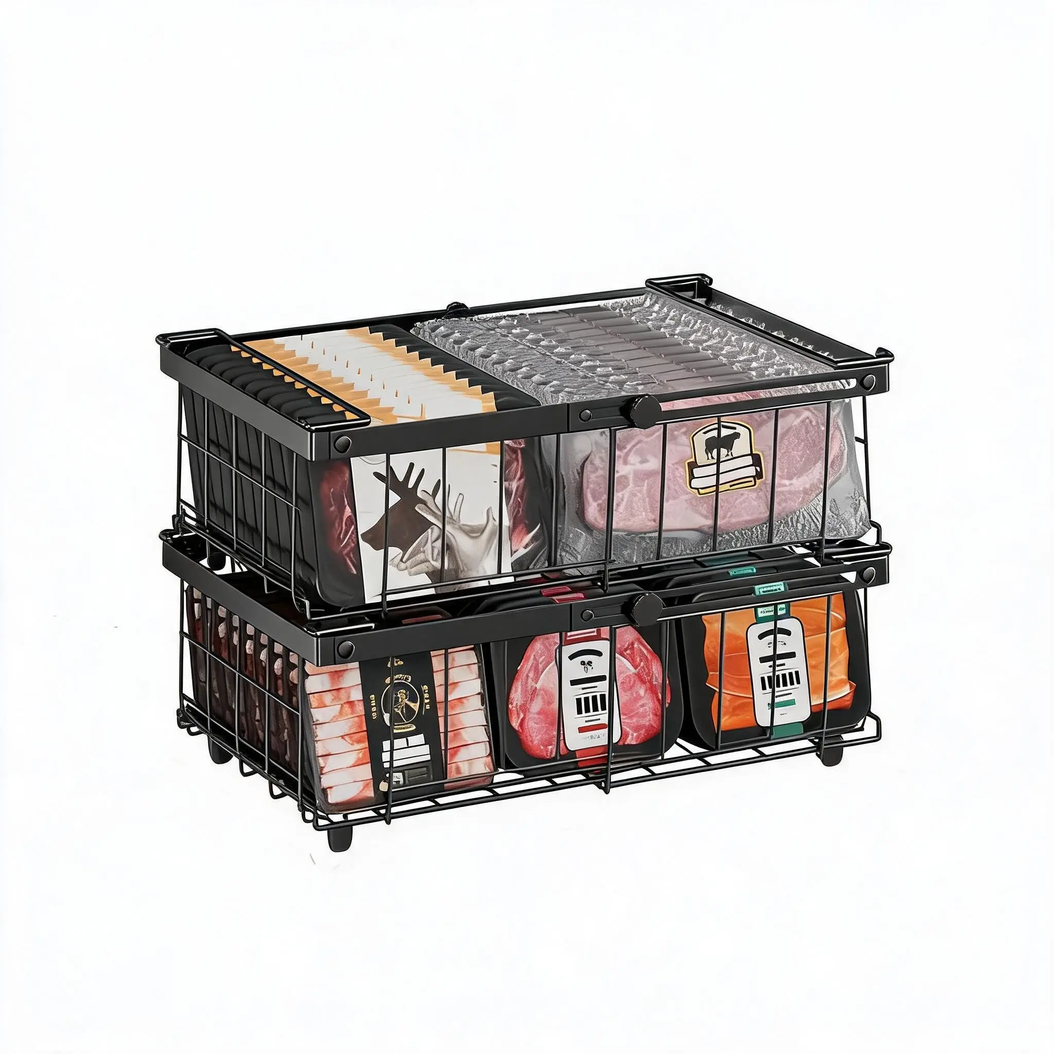 2/4 Pack Freezer Organizer Bins - Expandable Metal Wire Baskets with Foldable Handles, Stackable Space-Saving Storage for Meat, Fish & Frozen Vegetables