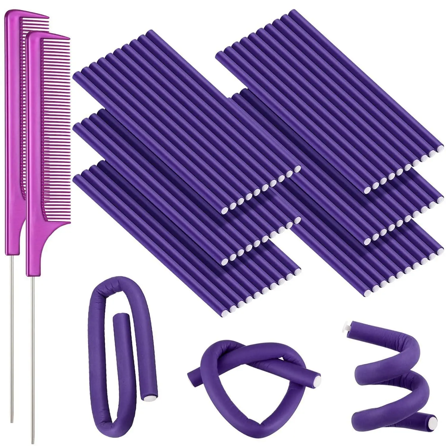 Flexible Soft Twist Foam Hair Rollers, No-Heat Styling Kit with Tail Comb, Curling Rods for All Hair Types, Easy-To-Use Design