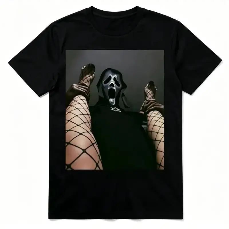Women's 100% Cotton Short-Sleeve Round Neck Soft Casual T-Shirt - Ghostface Fishnet Legs Funny Horror Graphic Scream Meme Top, Women's Clothes, Shortsleeve Tee