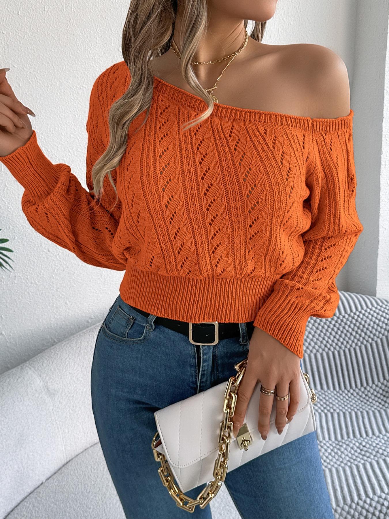 Women's Plain Textured Hollow-Out Asymmetrical Neck Sweater, Elegant Raglan Sleeve Jumper for Fall & Winter, Fashion Ladies' Knitwear for Daily Wear