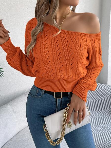 Women's Plain Textured Hollow-Out Asymmetrical Neck Sweater, Elegant Raglan Sleeve Jumper for Fall & Winter, Fashion Ladies' Knitwear for Daily Wear