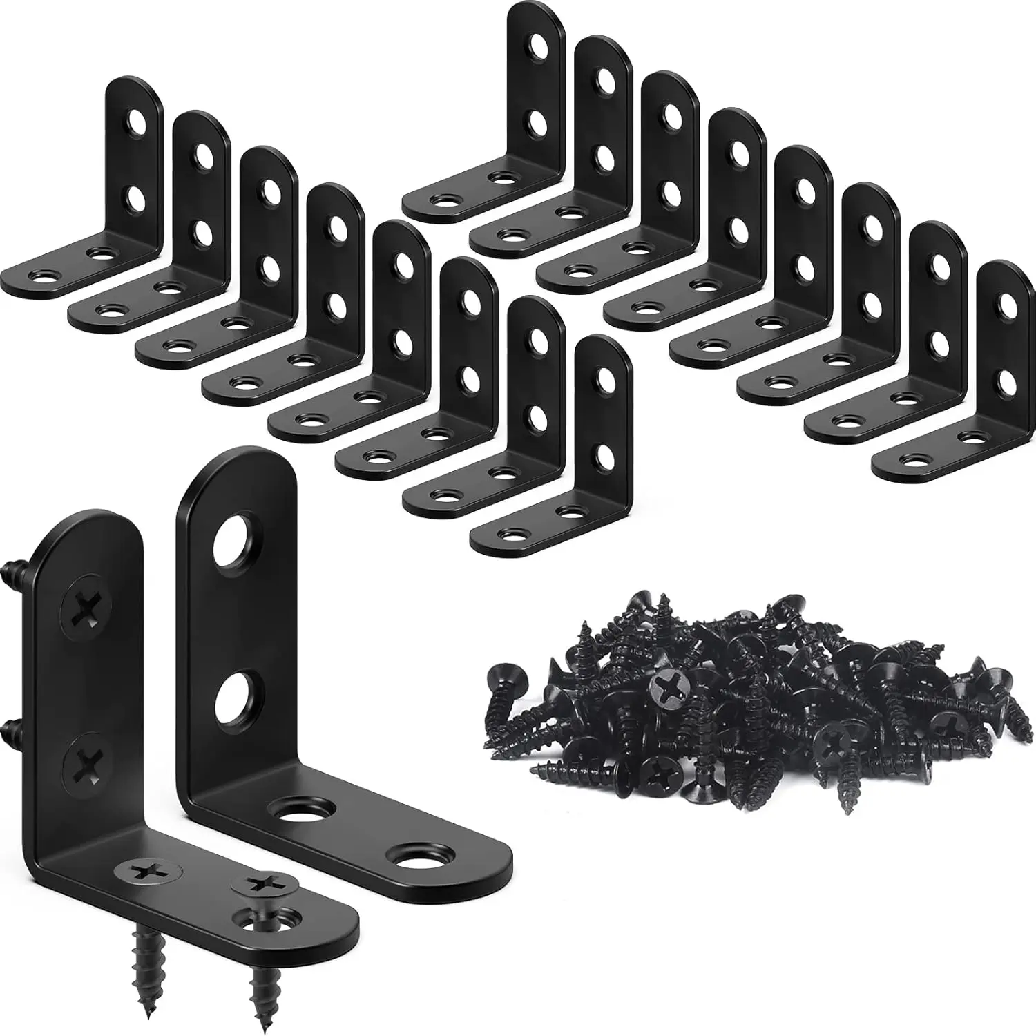 FATLODA 18PCS Black Stainless Steel L-Bracket Corner Braces (1.57x1.57in/40mmx40mm) with 72PCS Screws, Small Right-Angle Brackets for Dressers, Tables, Desks, Drawers, DIY Projects