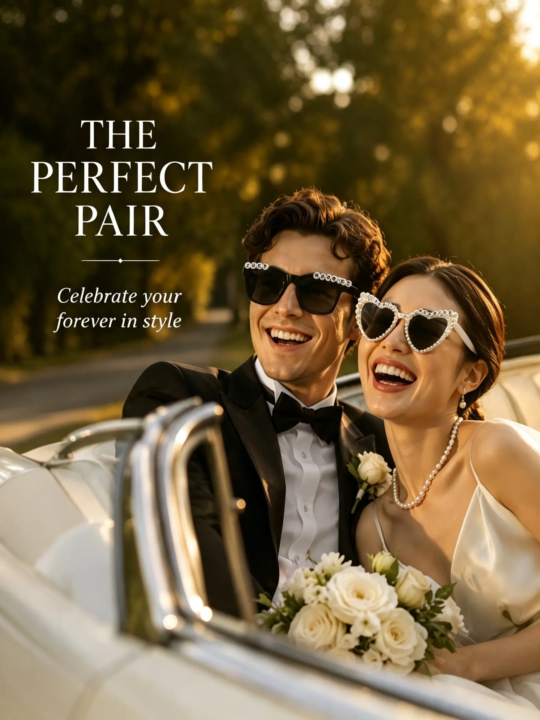 Just Married Couple Wedding Sunglasses Set, Heart Frame Pearl Trimmed Bride Groom Glasses, Bridal Photo Party Decor Sunwear