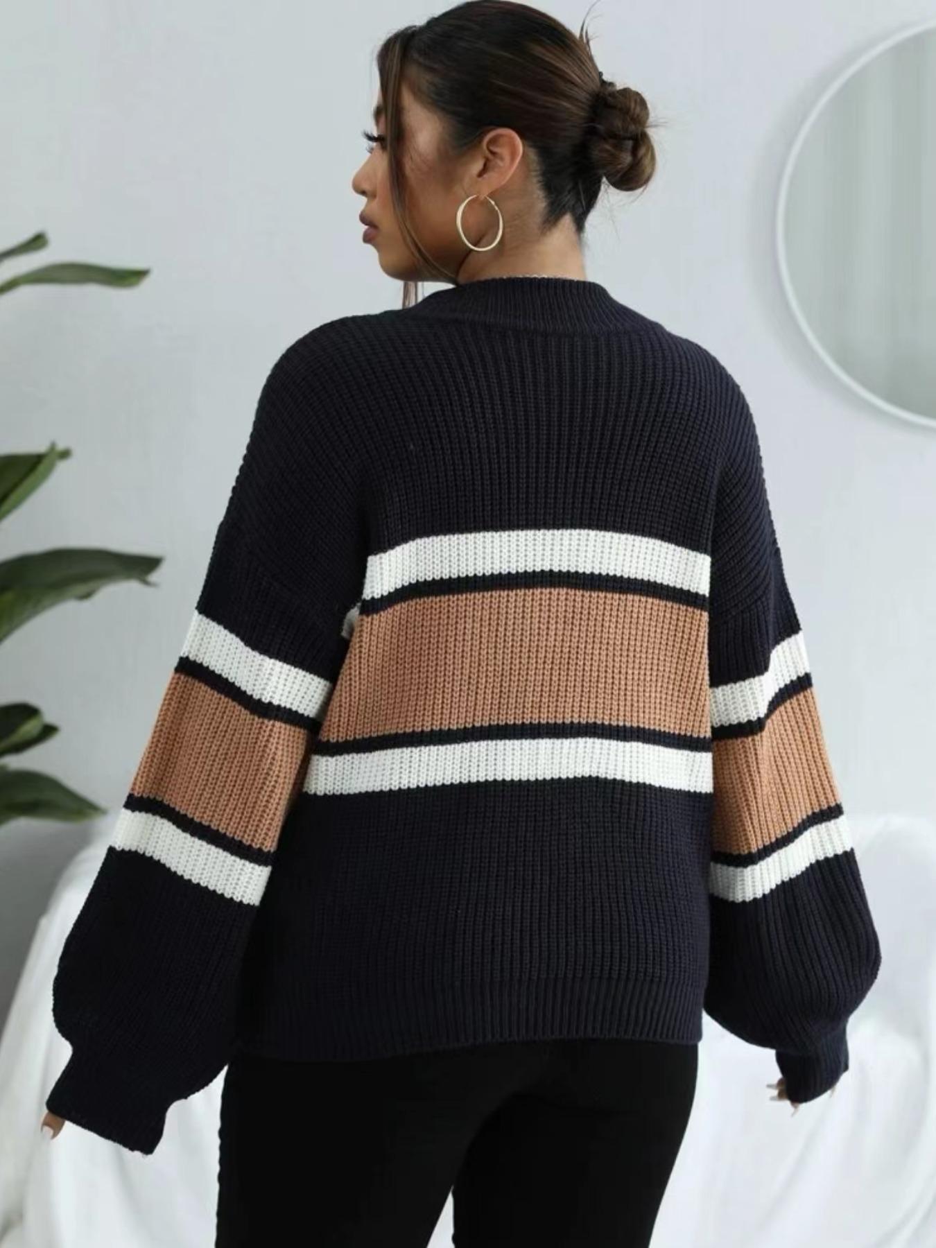 Women's Colorblock Striped Print Half Zip Up Mock Neck Sweater Pullover Top, Casual Loose Drop Shoulder Long Sleeve Jumper, Women's Fall & Winter Knitwear For Daily Wear Fitted Lady Womenswear