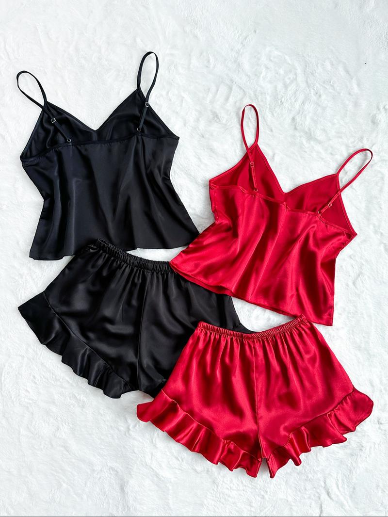 Women's Solid V Neck Cami Top & Elastic Waist Bow Decor Shorts Satin Pyjama Set, Elegant Adjustable Spaghetti Strap Camisole & Ruffle Hem Shorts PJ Set, Ladies Sleepwear for All Seasons, Camisole Sets