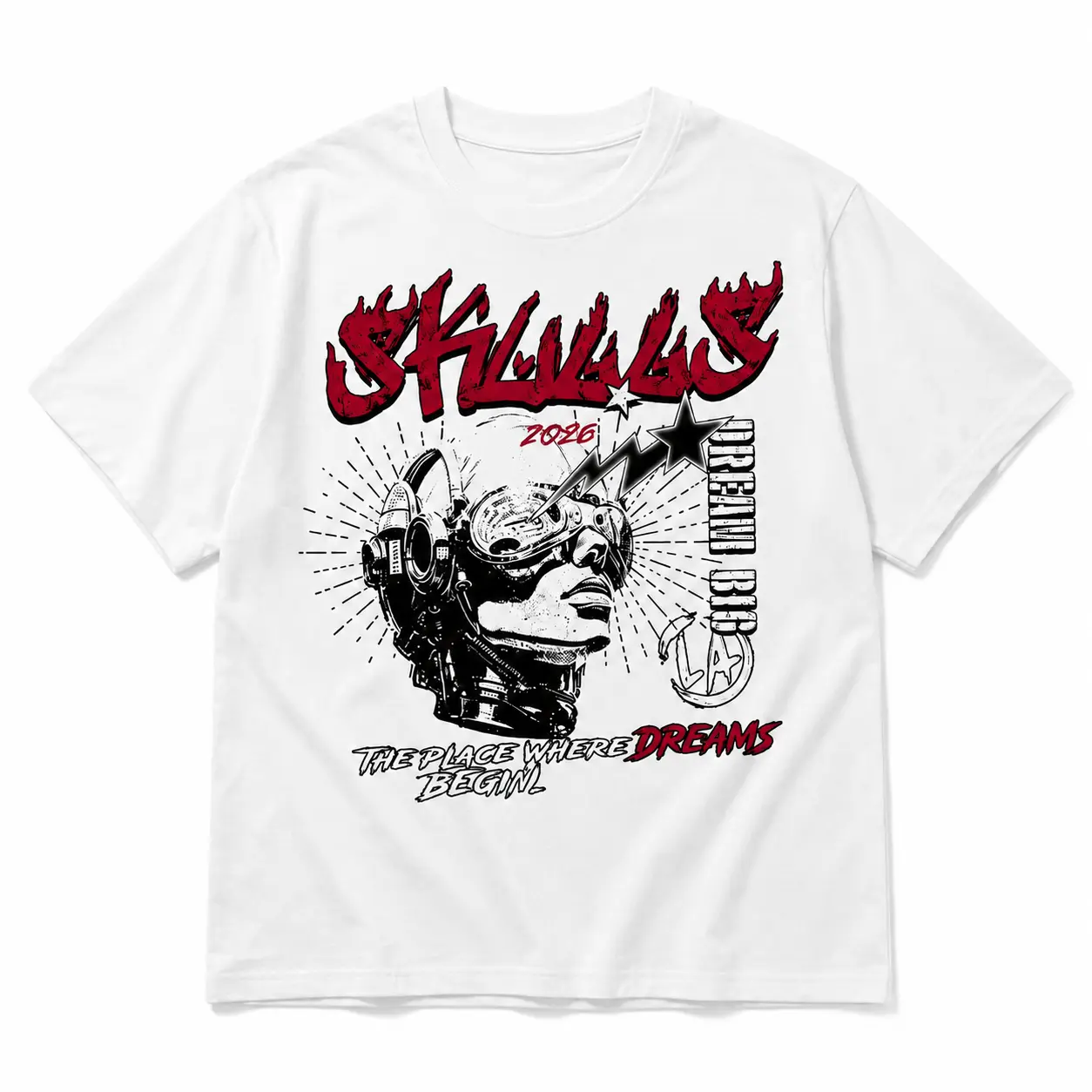 Y2K Punk Futuristic Aviator Graphic Tee, Flame Text & Motivational Dream Quote Print, Oversized Cotton Dark Alt Casual Unisex T-Shirt