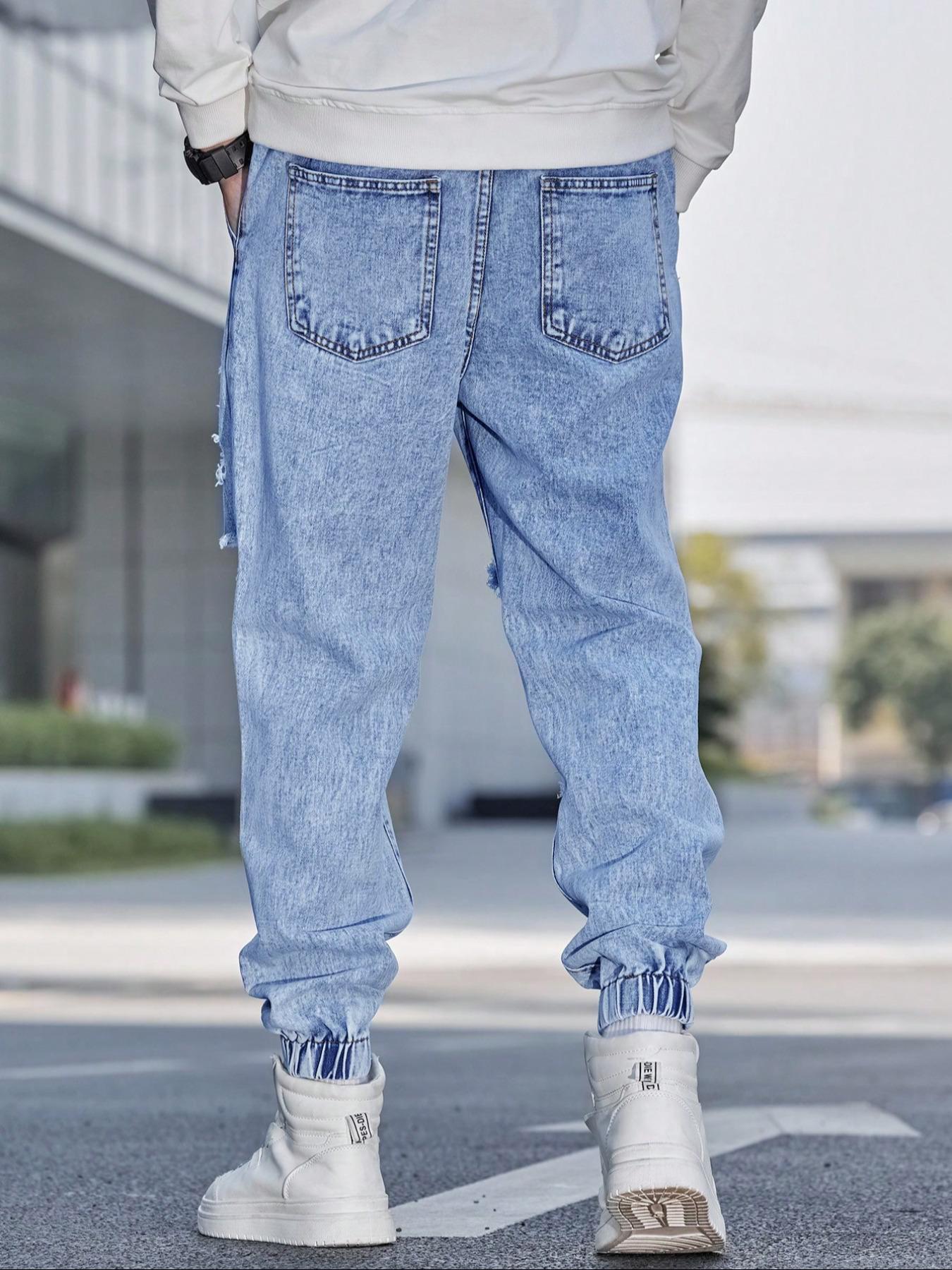 Men's Patched Ripped Distressed Knee Jeans Drawstring Waist, Loose Casual Fashion Street for Daily Wear, Men's Trousers for All Seasons