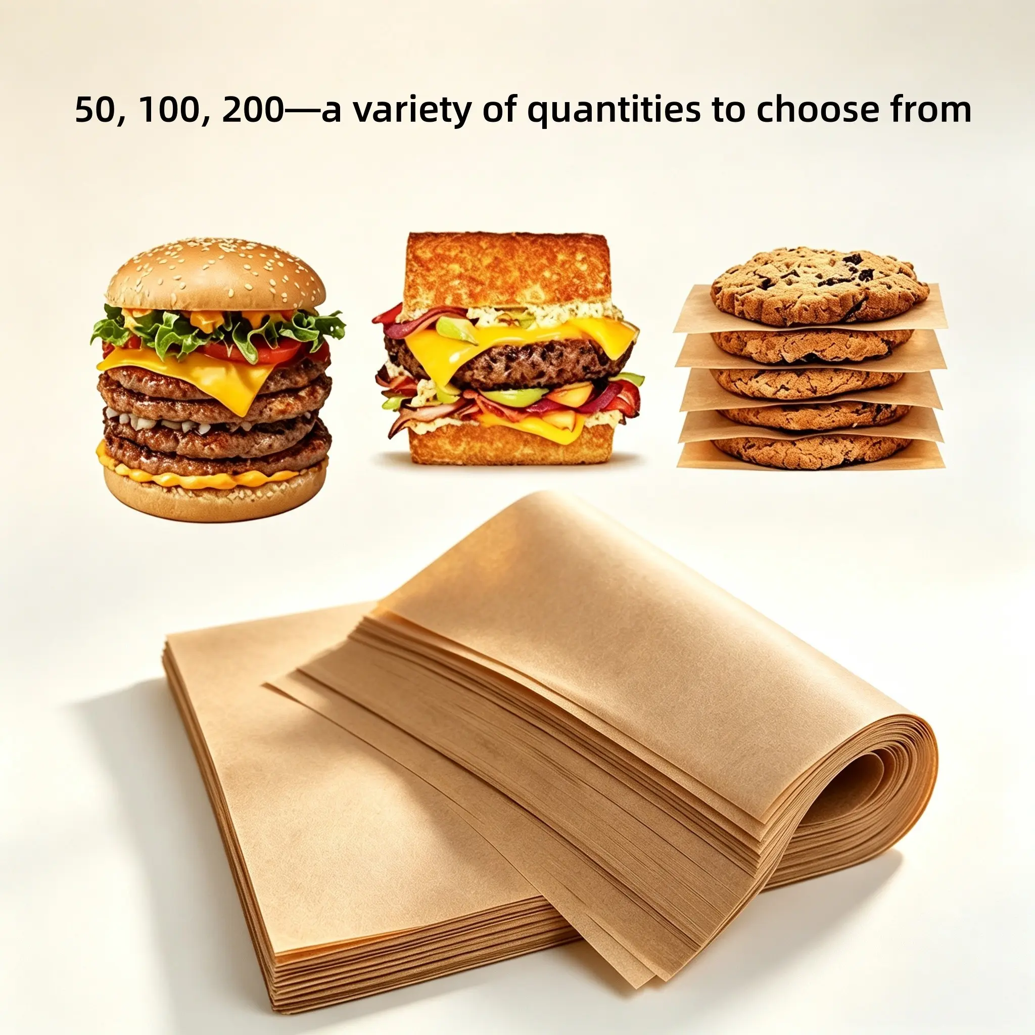 50/100/200-sheet packs of baking parchment paper; pre-cut non-stick baking parchment paper/greaseproof paper; barbecue paper; steamer paper; kraft paper—suitable for baking, cooking, grilling, frying, and steaming—unbleached, fits most baking sheets