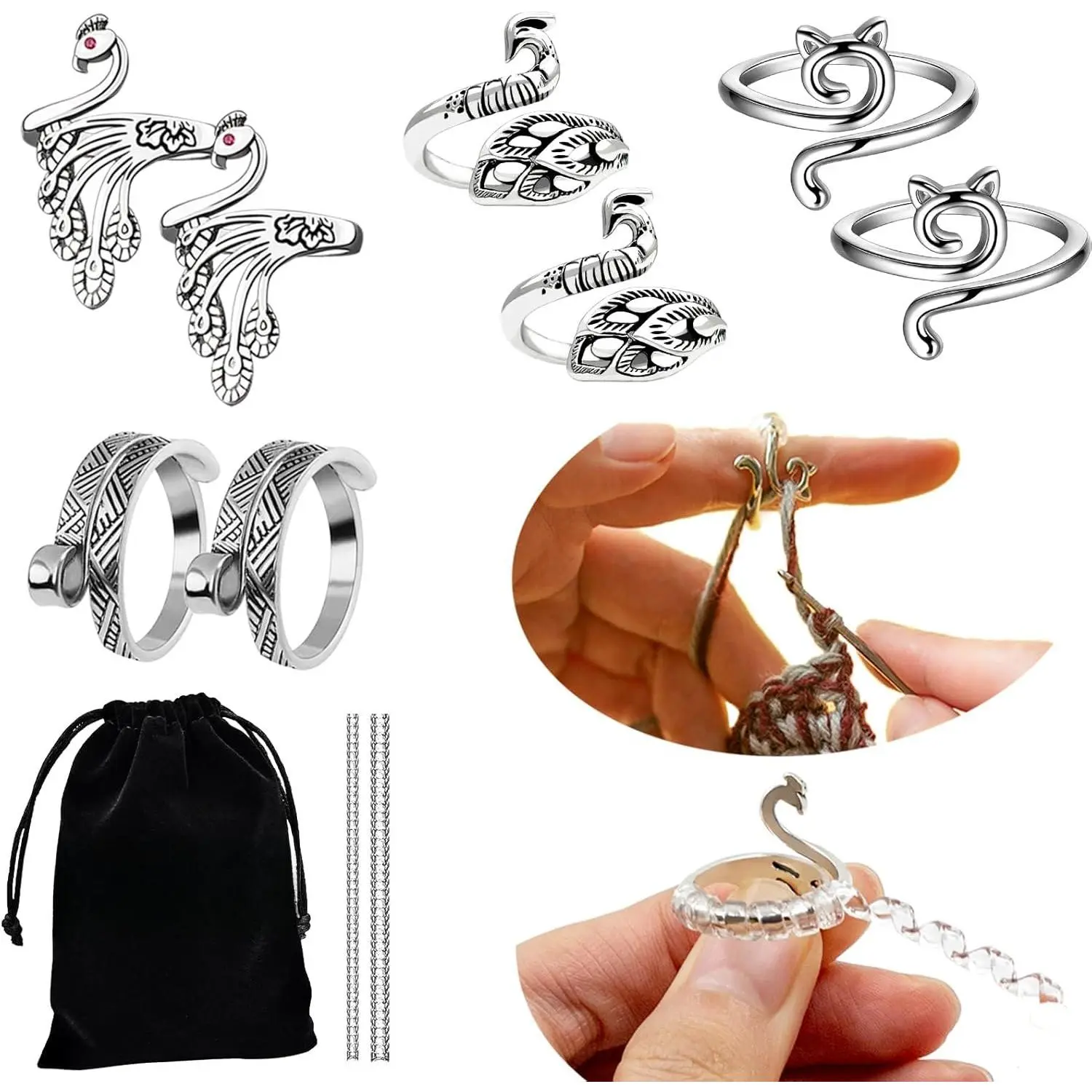 8 Pack Adjustable Crochet Tension Ring, Knitting Accessory | Adjustable Tension Control, Protects Fingers, Fits  Sizes, Smooth Gliding Ring, Peacock  Design,  for Knitters