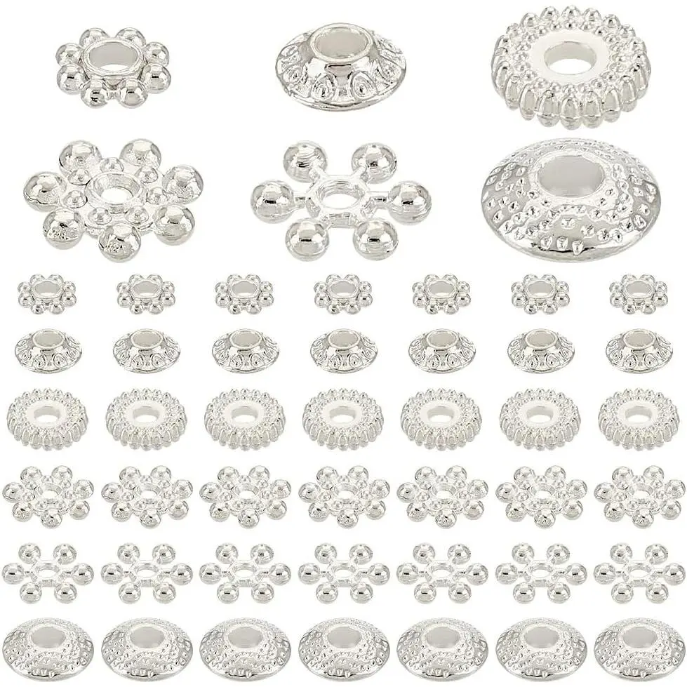 300 count 6 Styles Metal Spacer Bead,  Alloy Daisy Beads Bicone Flower Beads Flat Rondelle Snowflake Loose Beads Charms for Bracelet Necklace Earring  Making Supplies