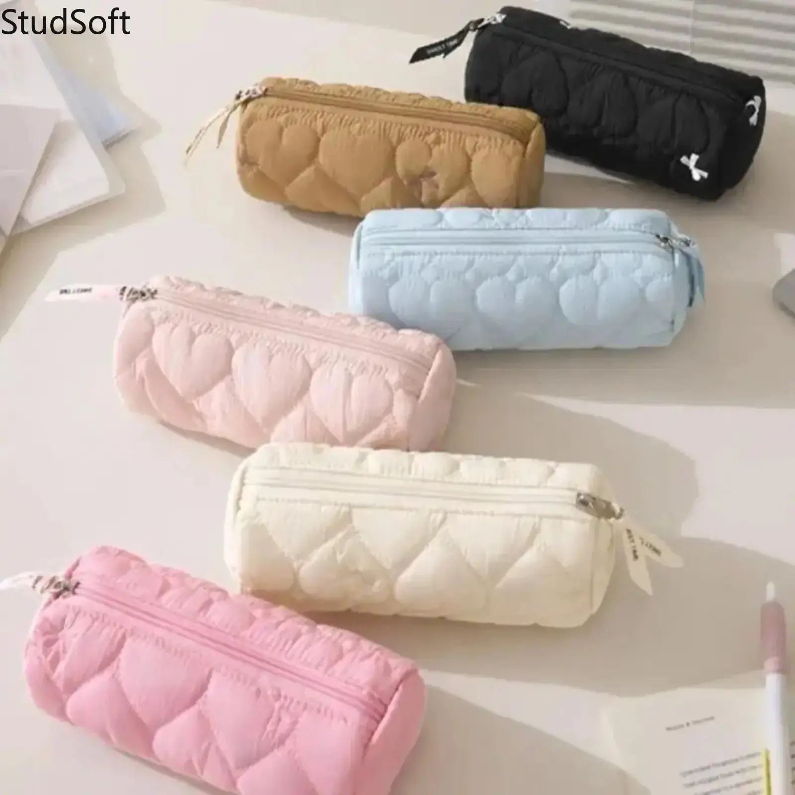 Cute Heart Quilted Pencil Case for Girls Mini Bow Embroidery Soft Puffy Stationery Storage Bag Dual Use Cosmetic Makeup Brush Organizer Back to School