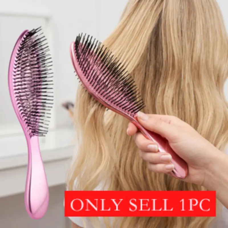 Electroplated Hair Comb, Scalp Massage Cushion Brush, Anti-Static Hair Tool, Luxury Metal Detangler, Home Use Long Curly Fine Hair Styling Brush