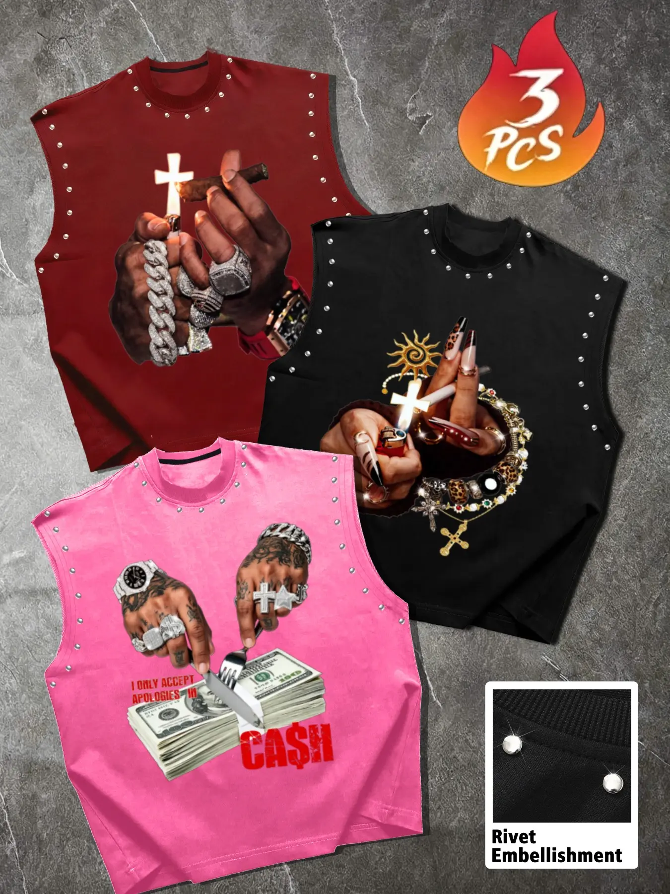 Men's Casual 3-Piece Tank Set, American Money Jewelry Portrait Print, Soft Skin-Friendly Fabric, Street Style, All Seasons