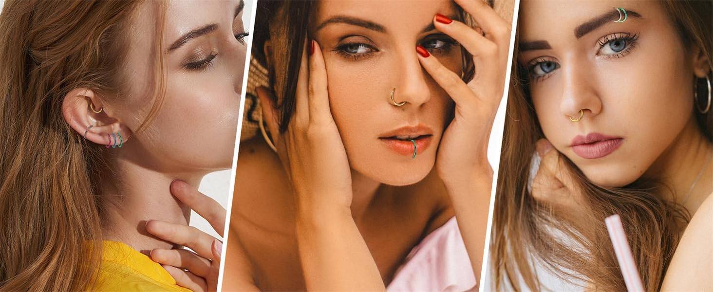 LOLIAS Surgical Steel Nose Rings Hoop Nose Clicker Ring Septum Jewelry 16G 18G Nose Hoop Lip Rings Nose Helix Cartilage Rook Earrings Nostril Piercing Jewelry Hypoallergenic