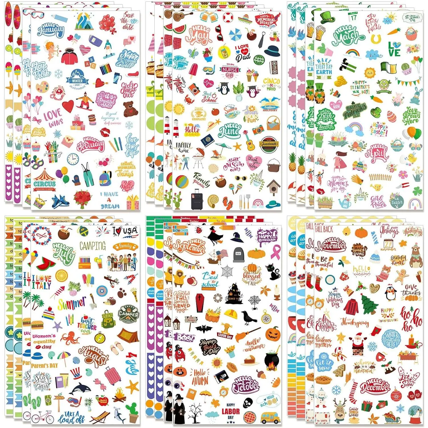 Cute Coated Paper Sticker Sheets - 24 Sheets, 12 Styles, 1700+ Fade-Resistant Stickers for Planner Decor, Seasonal Tags, Calendar Scrapbooking (Office Stationery Supplies)