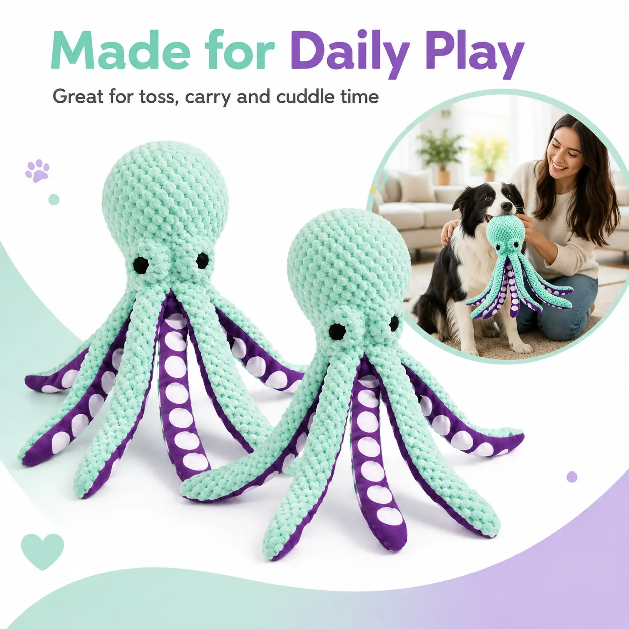 Interactive Squeaky Dog Toys, 2 Pack Plush Octopus Shaped Dog Toys, Soft Dog Chew Toys for Boredom Relief & Indoor Play， Interactive Pet Toy