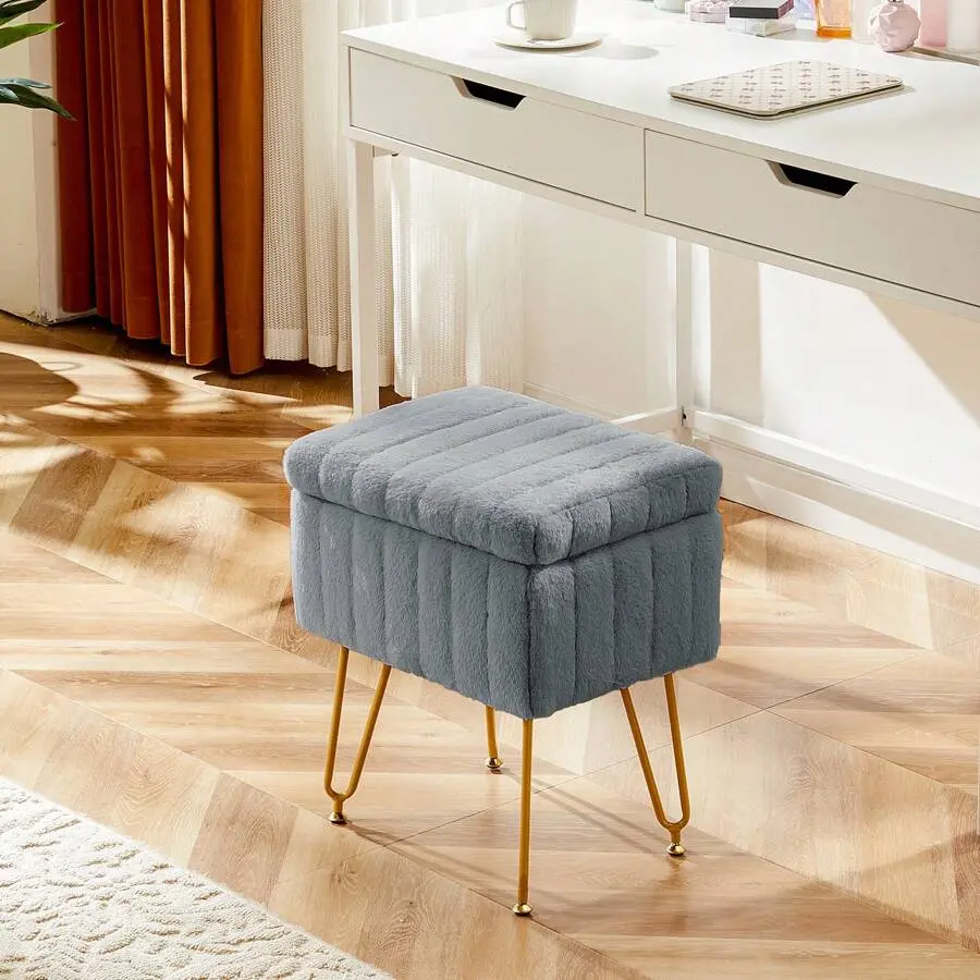 Vanity Stool Chair With Storage, Ottoman Faux Fur Soft Padded Makeup Footstools Seat With 4 Metal Legs Anti-Slip Adjustable Feet Modern Cute Small Footrest For Home Entryway Bedroom White Back To School Dormitory Storage,house,decor,