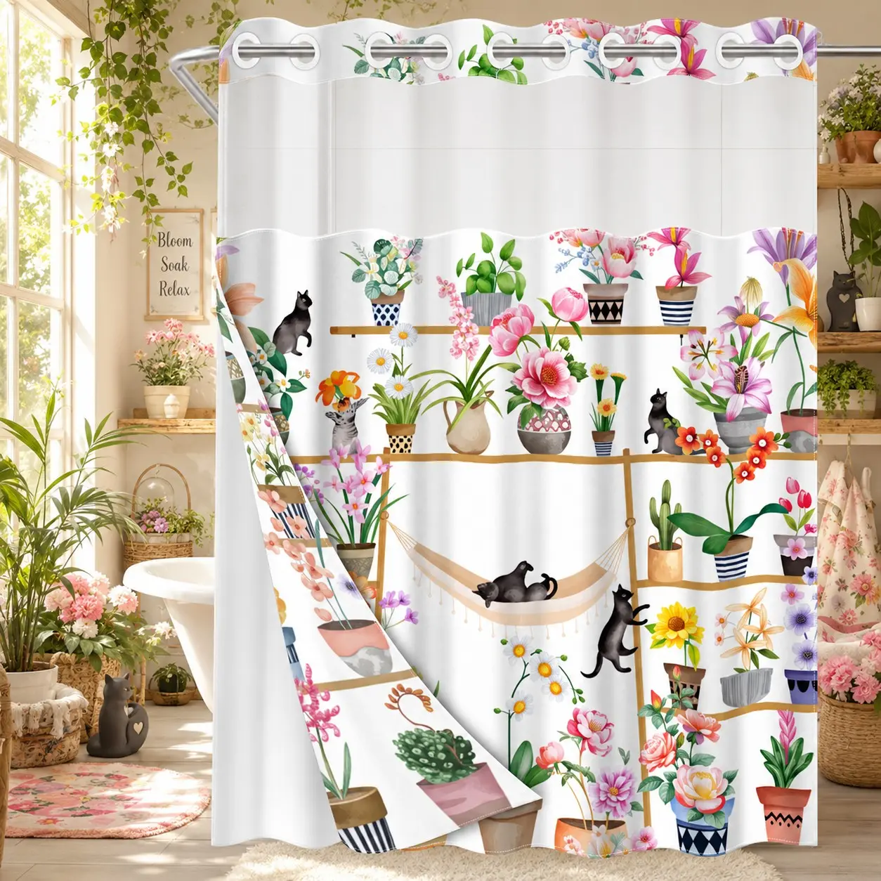 1 Pc Hookless Double Layer Shower Curtain, Shower Curtain No Hooks, Cats & House Plants Print, Machine Washable Waterproof Mildew Resistant Fabric, Bathroom Decor, Removable Snap-in Liner, Bathroom Divider - 71"×74
