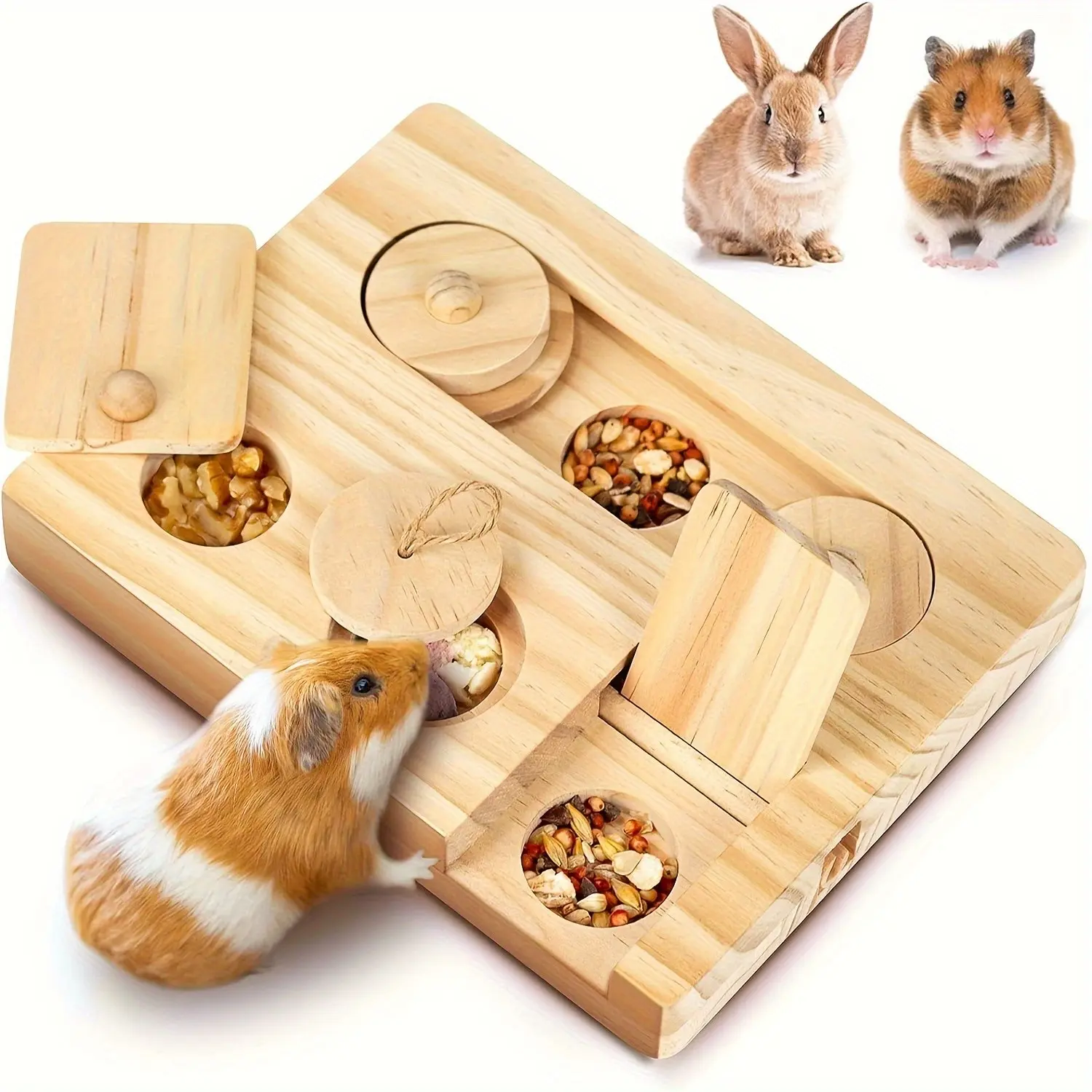Guinea Pig Foraging Toys, 6 in 1 Hamster Wooden Interactive Enrichment, Treat Dispenser for Small Animals, Fun Toys for Rabbits, Chinchillas, Rats, Gerbils