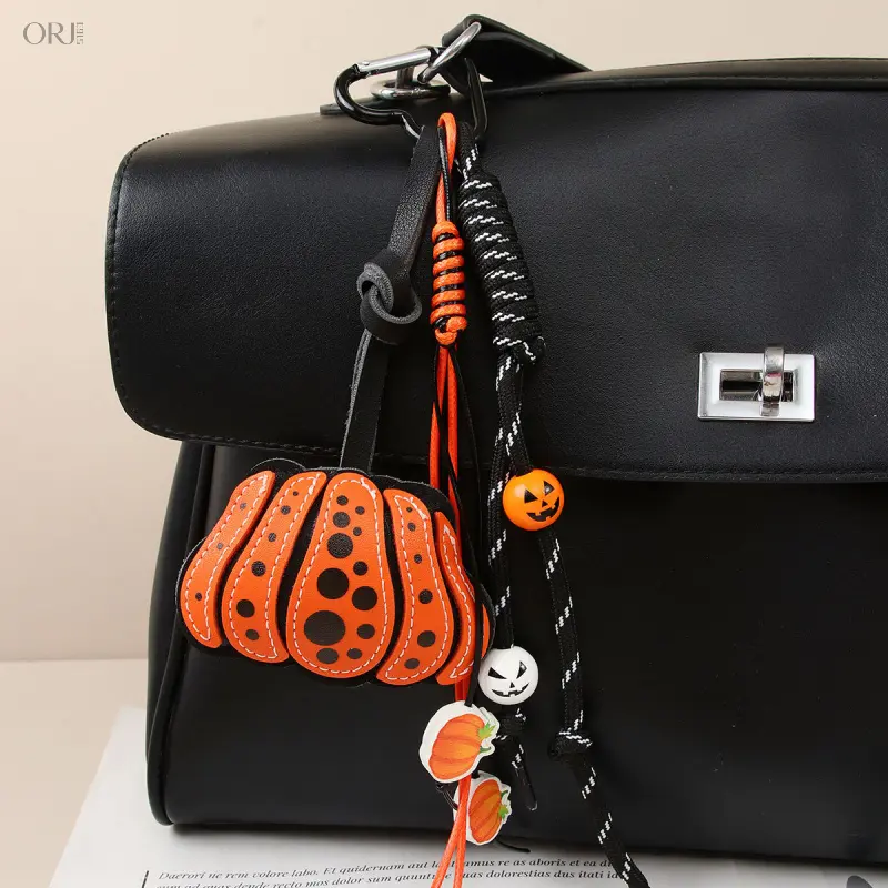 Creative Halloween Double-Sided Leather Pumpkin Bag Charm, Wooden Beaded Lanyard Keychain, Spooky Mini Pumpkin Pendant, Versatile Decor Accessory For Handbags Backpack Keys, Unique Holiday Ornament, Cute Seasonal Gift For Friends Daily Outfit Matching