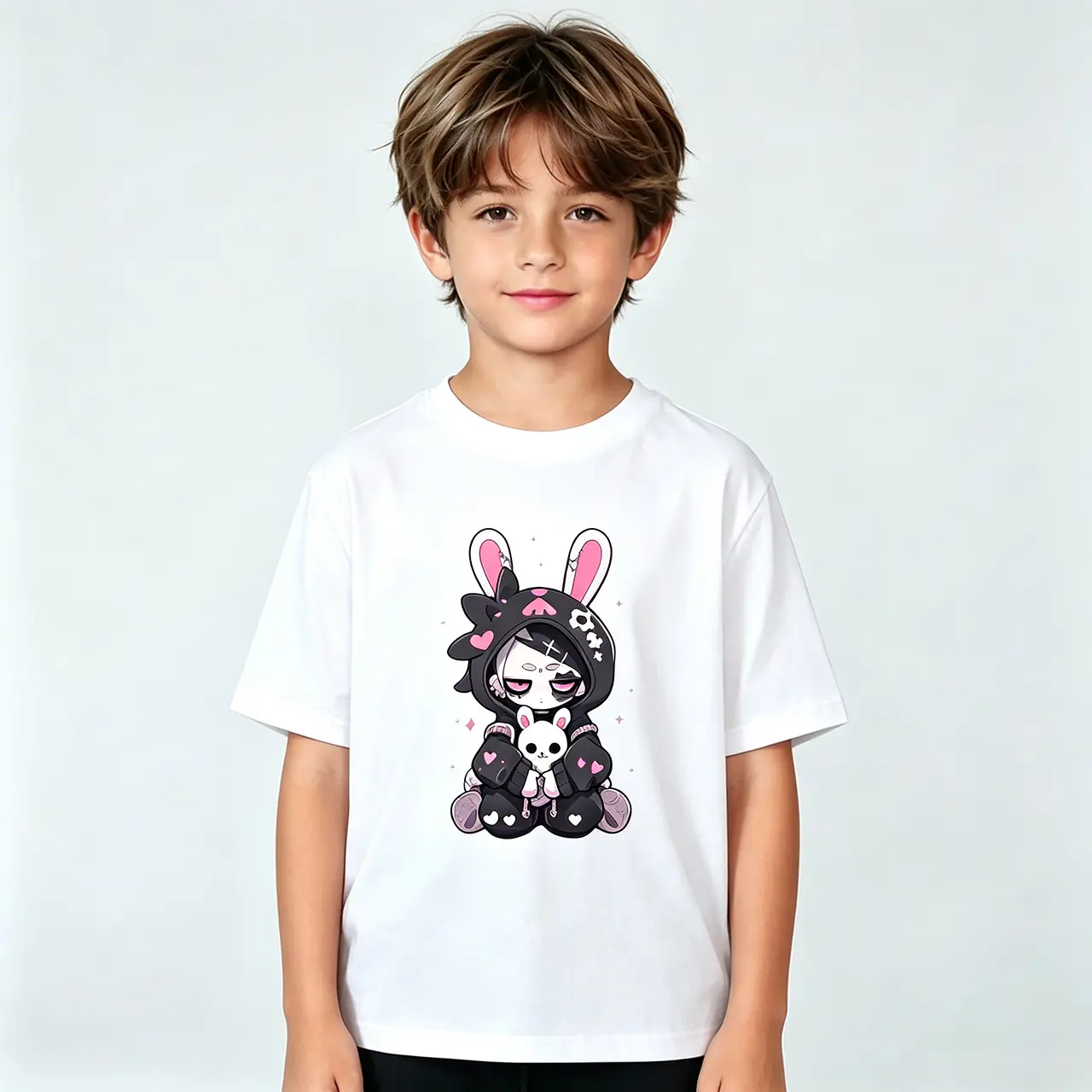 Goth Bunny Girl Cartoon Kids Graphic T Shirt 100 Percent Cotton Little Boy Shirts Original Compression Shirt Workout Tops Cool Outdoor Stuff Boys Girls White Short Sleeve Y2K Dark Cute Summer Boy Gifts Back To School Clothes Shirts For Girls Trendy Childr
