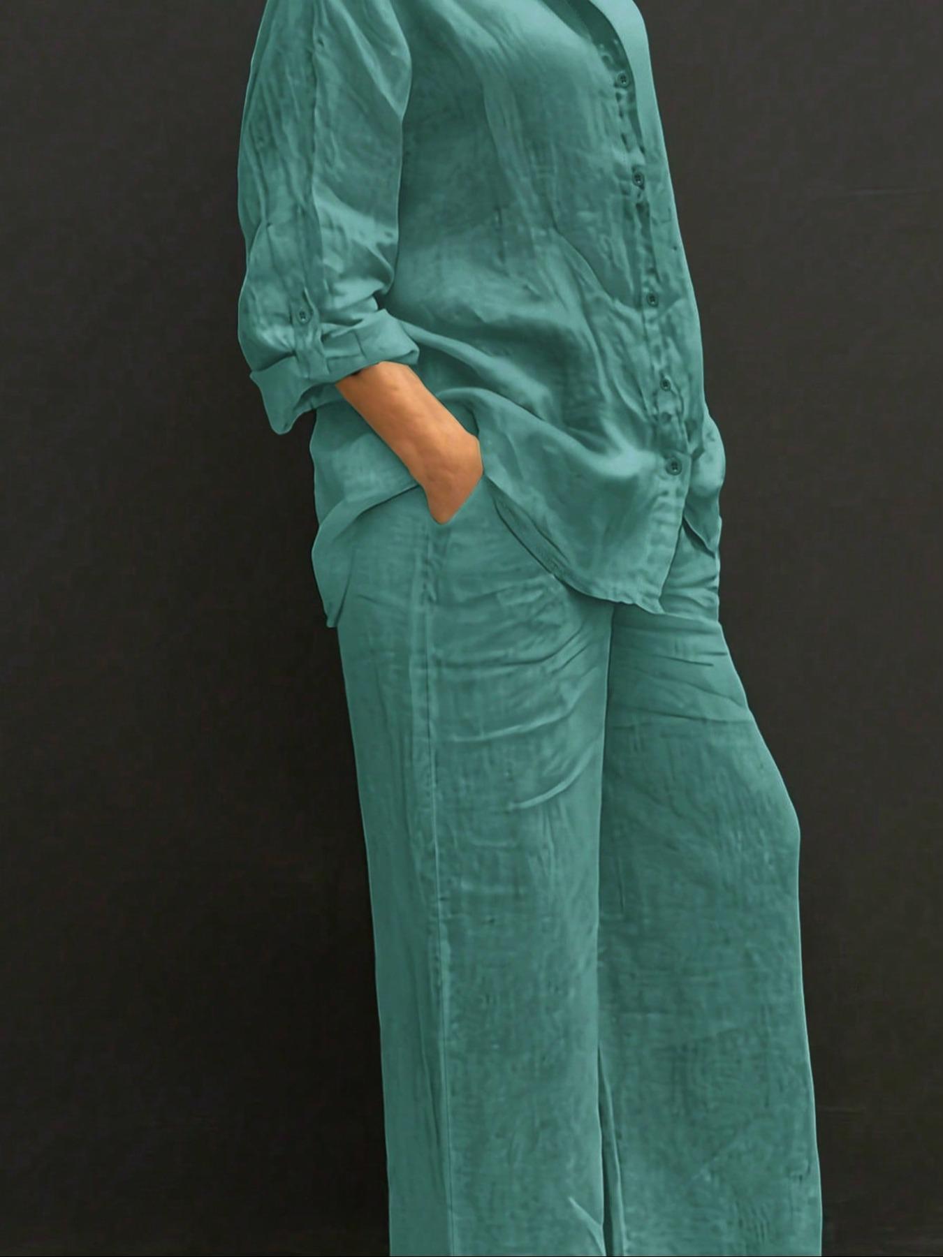 Women's Solid Color Long Sleeve Shirt & Wide Leg Pants Set, Casual Fashion Cozy Breathable Two-piece Outfits for Daily Outdoor Wear, Women Clothes for Spring Fall Women's Solid Color Long Sleeve Shirt & Wide Leg Pants Set, Casual Fashion Cozy Breathable Two-piece Outfits for Daily Outdoor Wear, Women Clothes for Spring Fall
