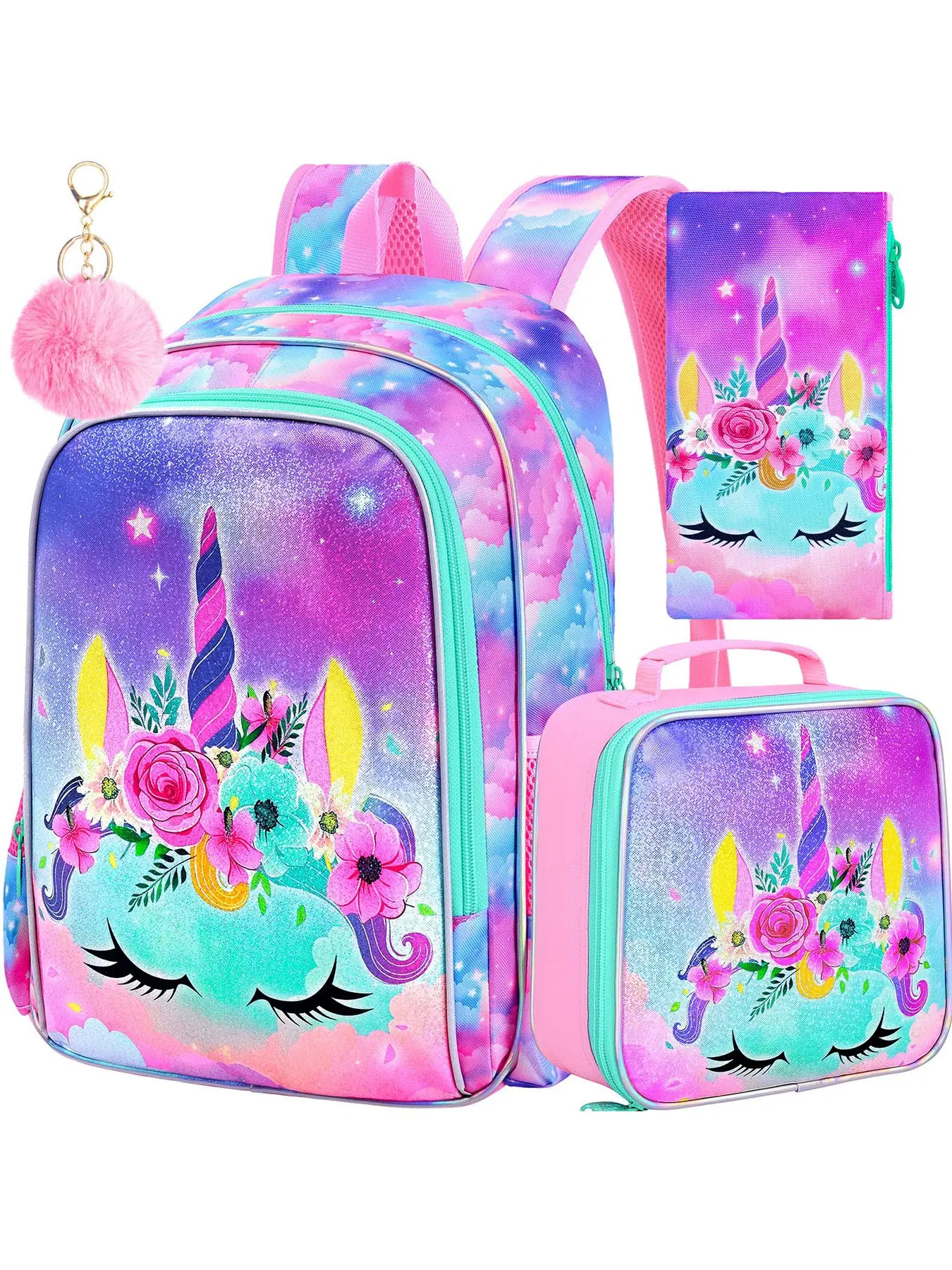 3PCS 16 Inch Matching Backpack Set, Pink Purple Starry Sky Unicorn UV Print Backpack, Backpack + Handbag + Pencil Case, Student Backpack for School & Travel