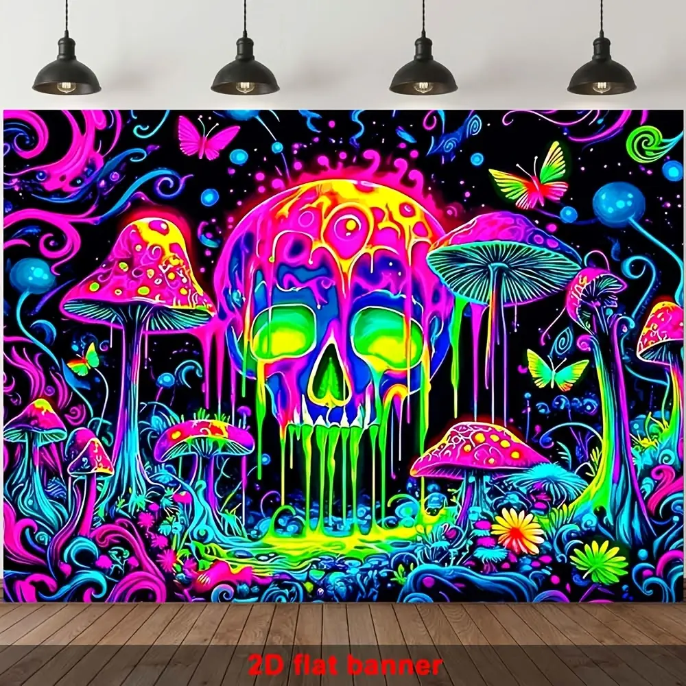 1pc 2D Blacklight Neon Skull Mushroom Tapestry - Trippy Psychedelic Glow in the Dark Home Decor - Party Decor for Watch Party, Living Room, Bedroom, Dormitory, Other