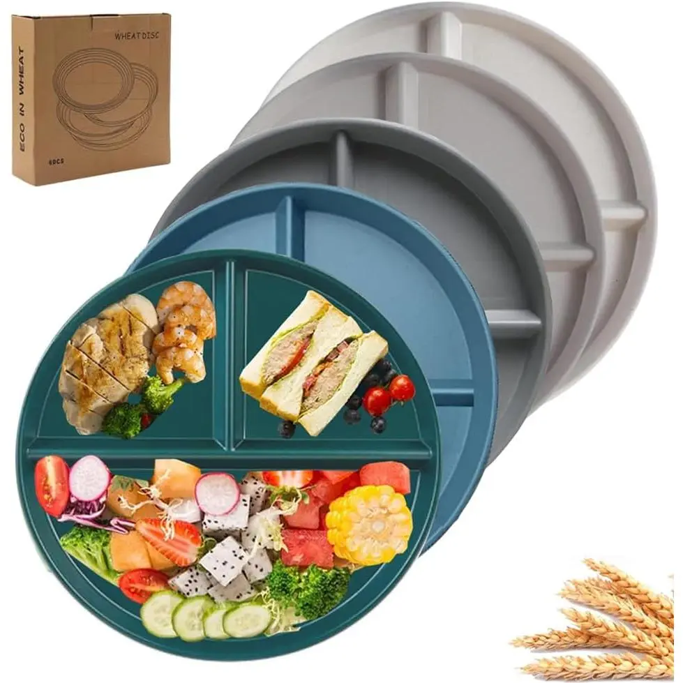 9" Unbreakable Divided Plates Set of 5, Wheat Straw Plate  Dinnerware Portion Control Plate, Round Bariatric Plastic Plate for  Adults, , Dishwasher Safe